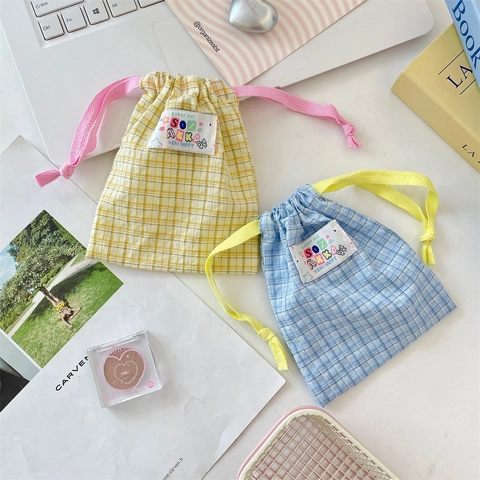 Sac À Cordon À Carreaux Pochette En Polyester Pour Rangement De Cosmétiques Bijoux Petits Objets Organisateur