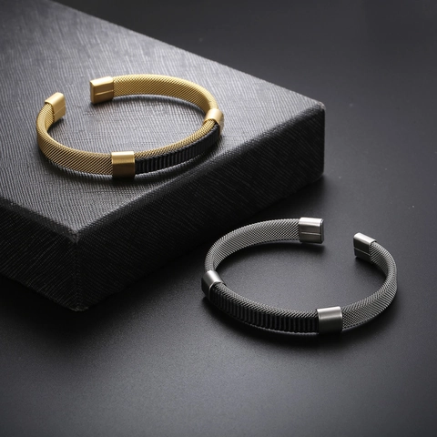 Men Stainless Steel Mesh Cuff Bracelet Open C-Shape Woven Titanium Steel Bangle With Black Cotton Rope Punk Jewelry