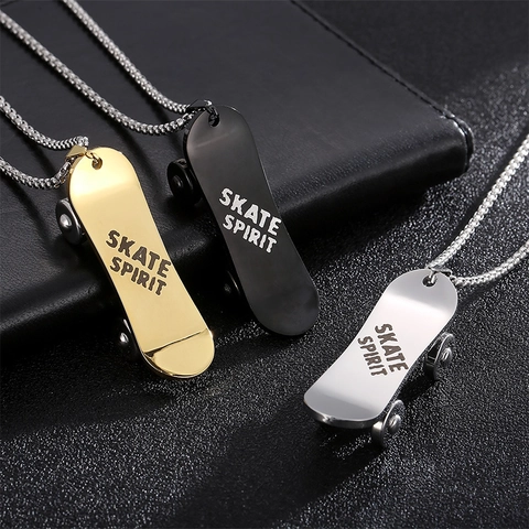 Skateboard Pendant Necklace 316L Stainless Steel Hip Hop Street Skate Spirit Engraved Jewelry For Men