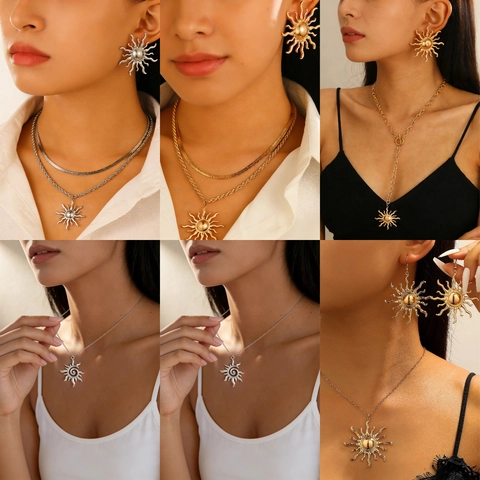 Vintage Sonnenstrahl Legierung Ohrringe Halskette Für Frauen Übertriebenes Boho Sonnen Design Modeaccessoire Gold Silber Ton