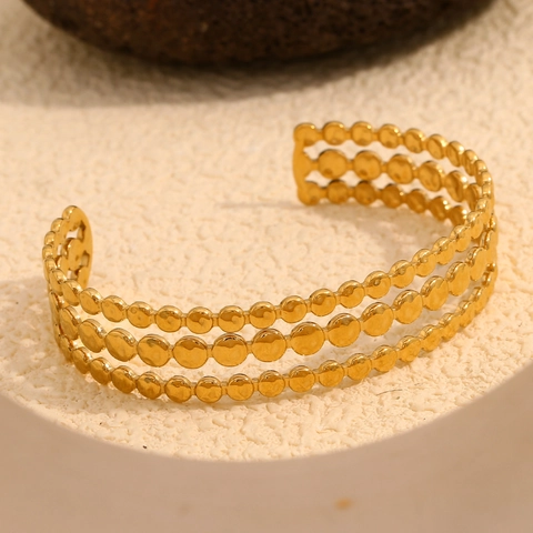 Bracciale Rigido Aperto Minimalista In Acciaio Inossidabile Placcato Oro 18K Triplo Strato Disco Rotondo Donna