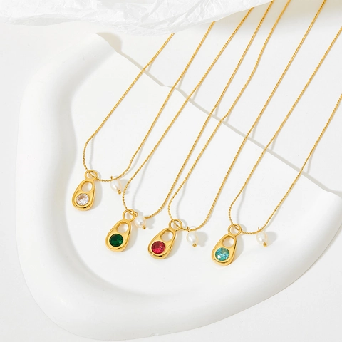 Stainless Steel Jewelry Necklace And Earrings Zircon Inlaid Geometric Pull Ring Pendant Elegant Faux Artificial Pearl Women