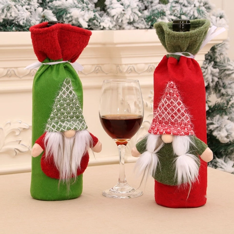 Housses De Bouteille De Vin De Noël Gnome Tomte Barbe Tresse Décor Tricoté Tissu Feutre Table De Dîner Fête Rouge Vert