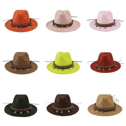 Chapeau Fedora Cowboy Ethnique Large Bord Style Feutre Laine Jazz Bande Tissée Pendentifs Pièces Métal Chapeau Soleil Femme Homme