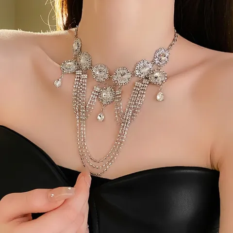 Collar Con Borla De Strass Vintage Flor Redonda Hueca Aleación Cadena Multicapa Colgantes Gota De Agua Joyería Mujer Boda Fiesta