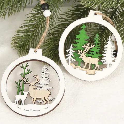 Ornamenti Da Appendere Albero Di Natale Legno Naturale Cavo Taglio Laser Design Foresta Renne Decorazione Festiva Con Corda Di Juta Perline
