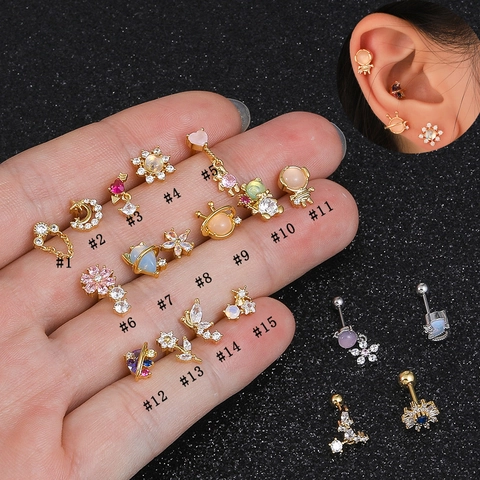 Copper Floral Bear Moon Star Stud Earrings With 925 Sterling Silver Post Gold Silver Rhinestone Ear Jewelry For Women