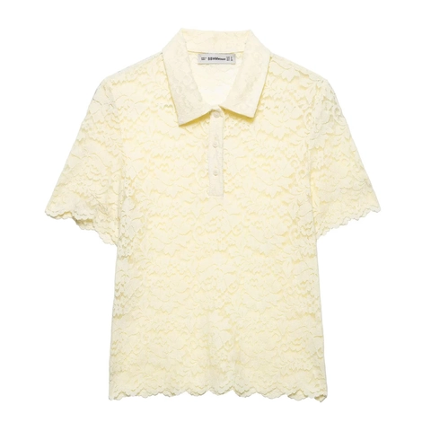 Polo Da Donna A Maniche Corte In Pizzo Floreale Orlo Festonato Elegante Camicetta Dolce Giallo Chiaro