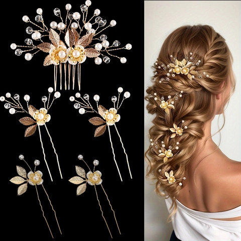 Vintage Bridal Hair Accessories Alloy Leaf Faux Artificial Pearl Crystal Flower Hair Comb And Hair Pins For Wedding