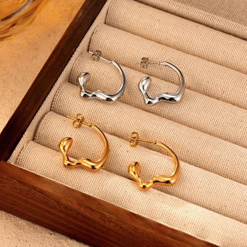 Pendientes De Aro Irregulares En Forma De C De Acero Inoxidable Chapado En Oro De 18K Estilo Retro Geométrico Para Mujer