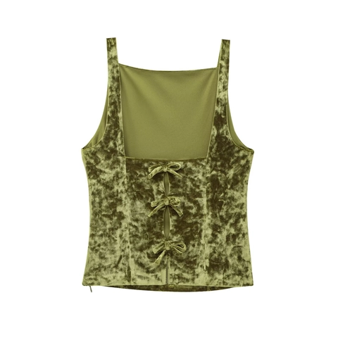 Velvet Camisole Tank Top With Back Bow Detail Square Neck Slim Fit Retro Style Sleeveless Shirt For Women