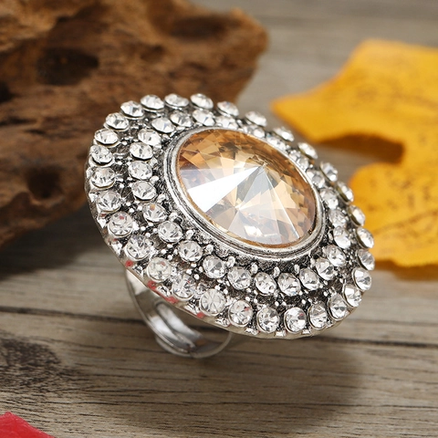 Anillo De Cóctel Redondo Vintage Para Mujer Aleación Diamantes De Imitación Joyería Declaración Retro Bohemio Ajustable