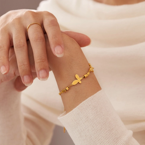 French Luxury Minimalist Stainless Steel Butterfly Charm Bracelet For Women Gold Plated Geometric Bead Adjustable Link Chain Jewelry