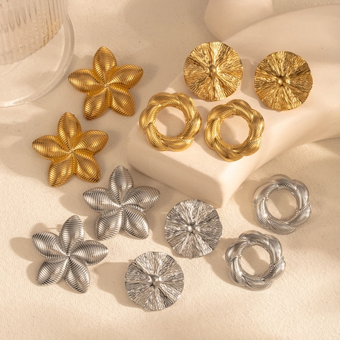 Vintage Titanstahl Blumenblatt Ohrringe Für Damen Geometrisch Texturiert Gold Silber Statement Mode Schmuck Accessoires