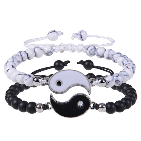 Bracelets De Couple Yin Yang Howlite Blanche Pierre Mate Noire Corde Tressée Réglable Bijoux D'amitié Pour Amants