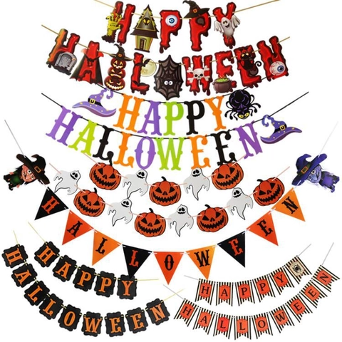 Halloween Decorative Banner Hanging Garland Paper Pennant Flags Pumpkin Ghost Skull Witch Spooky Atmosphere Haunted House Decor