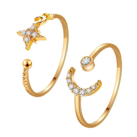 Adjustable Star Moon Open Ring Copper Gold Plated White Zirconia Micro Inlaid Elegant Celestial Jewelry For Women