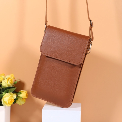 Crossbody Phone Bag PVC Lychee Texture Touchscreen Window Adjustable Strap Mini Shoulder Pouch Solid Color For Women
