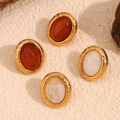 Pendientes De Botón Ovalados Vintage Textura Martillada Bañado En Oro 18K Acero Inoxidable Piedra Natural Elegante Joyería Mujer