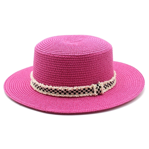 Women Boater Straw Hat Paper Wide Brim Sun Protection Summer Beach Vacation Chic Checkerboard Ribbon Frayed Edge Retro
