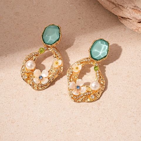 Vintage Flower Drop Earrings For Women Geometric Alloy With Acrylic Rhinestone Artificial Pearl And 925 Sterling Silver Earring Post