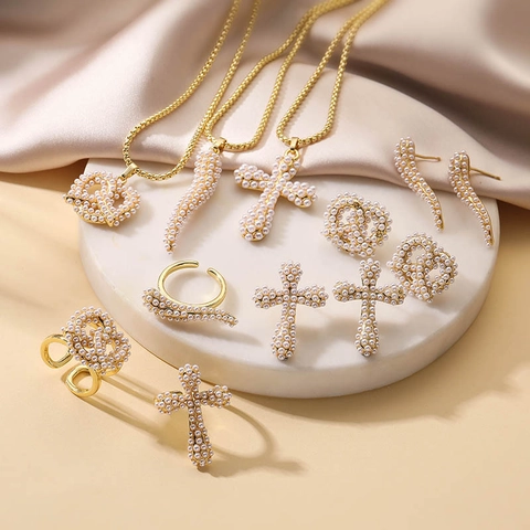 Elegant Gold Copper Artificial Pearl Jewelry Set Cross Pretzel Chili Necklace Earrings Ring For Women Fashion Jewelry