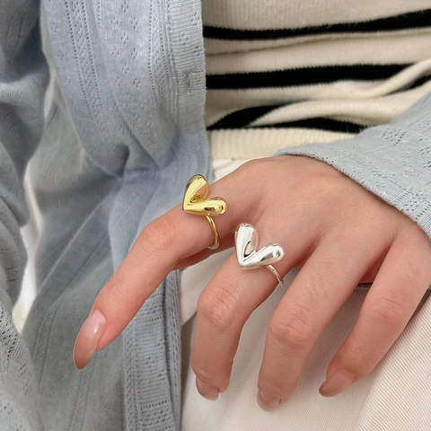 925 Sterling Silber Herz Ring Für Damen Minimalistische Ästhetik 3D Herz Offen Verstellbar Fingerring Hochglanzpoliert