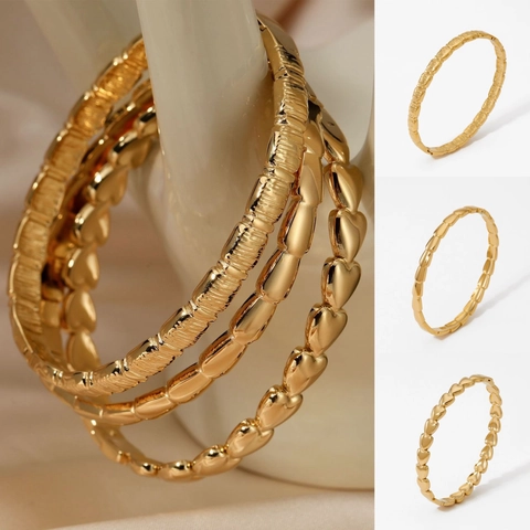 Stainless Steel Geometric Bangle Heart Ribbed Textured Minimalist Chic Waterproof Jewelry For Women