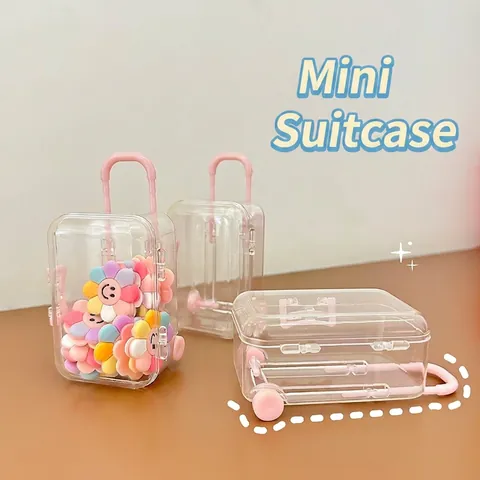Mini Suitcase Jewelry Box Transparent Plastic Rolling Wheels Telescopic Handle Cute Travel Style Small Trinket Storage Case