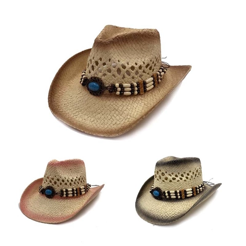 Western Cowboy Papier Strohhut Für Damen Herren Ethnisch Perlen Türkis Dekor Farbverlauf Breite Krempe Hohl Atmungsaktiv Strandhut