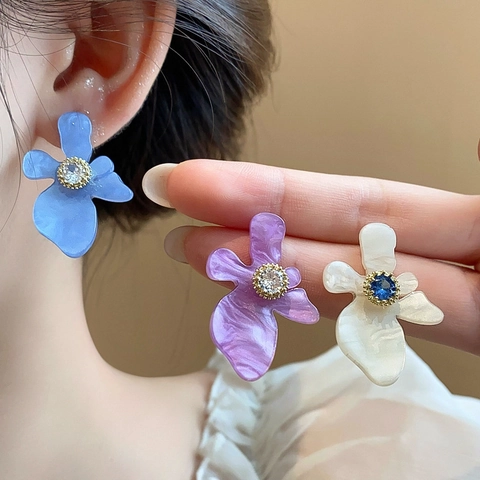 Bloemblaadje Oorknopjes Hars Zirconia Inlay En 925 Sterling Zilveren Oorknopje Elegant Zoet Mode Voor Vrouwen