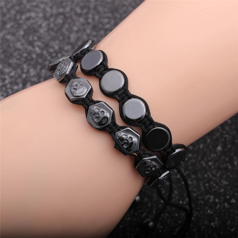 Hämatit Tigerauge Stein Perlen Verstellbares Armband Mit Totenkopf Anhänger Punk Gothic Stil Schmuck Für Herren Damen