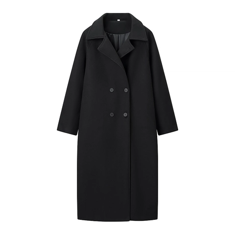 Women Woolen Coat Lapel Neck Long Sleeve Loose Fit Mid Length Solid Black Elegant Casual Outerwear