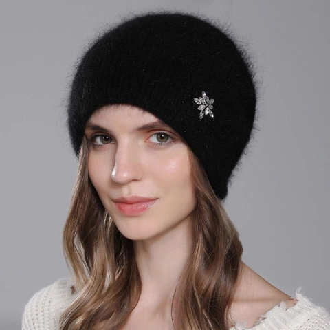 Gorro Beanie De Punto De Piel De Conejo Angora Para Mujer Cálido Suave Invierno Con Decoración De Copo De Nieve De Diamantes De Imitación