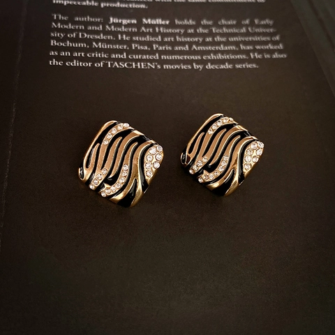Vintage Square Stud Earrings For Women Zebra Stripe Enamel Alloy With Rhinestone And 925 Sterling Silver Earring Post