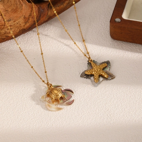 Meeresschildkröte Seestern Anhänger Halskette Edelstahl 18K Vergoldet Muschel Ozean Stil Mode Schmuck Für Frauen