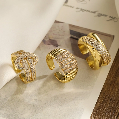 Women Open Ring 18K Gold Plated Copper Cubic Zirconia Adjustable Geometric Minimalist Luxury Fashion Jewelry