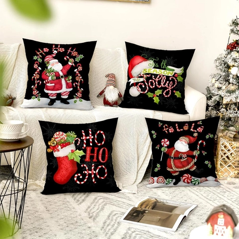 Kerst Kussenslopen Kerstman Zuurstok Prints Polyester Linnen Textuur Decoratieve Kussenhoezen Voor Bank Sofa Woonkamer