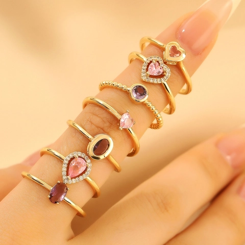 Heart Shape Pink Zircon Water Drop Adjustable Open Ring Copper Vintage Sweet Colorful Jewelry For Women