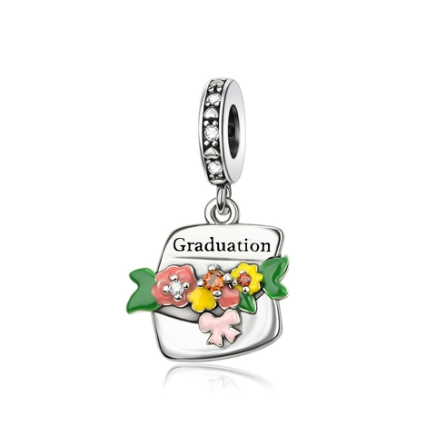 Graduation Dangle Charm 925 Sterling Silver Colorful Enamel Zirconia Bouquet Trophy Certificate Pendant Jewelry Gift