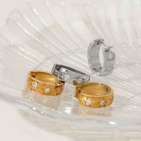 Stainless Steel Hoop Earrings For Women Retro Fashion Star Pattern Inlaid Cubic Zirconia Round Gold Silver Color Jewelry