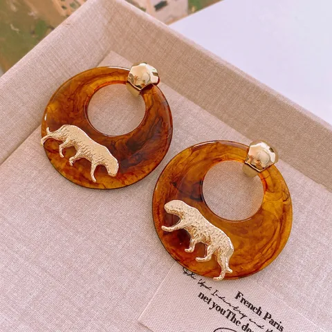 Leopard Panther Resin Hoop Earrings With 925 Sterling Silver Earring Post Vintage French Elegant Women Jewelry