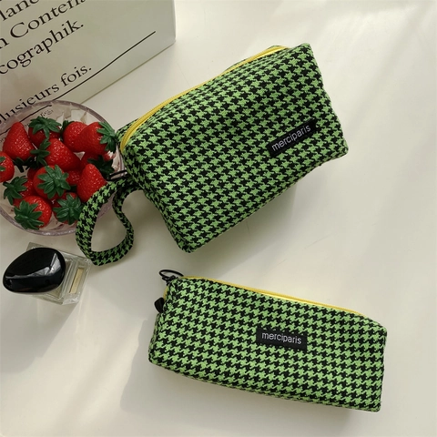 Houndstooth Woolen Pencil Case Portable Makeup Storage Pouch Zipper Cosmetic Bag Ins Style