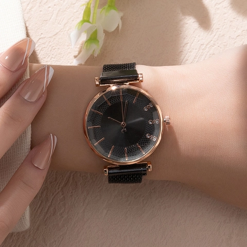 Women Fashion Quartz Watch Milanese Magnetic Mesh Strap Rhinestone Dial Elegant Analog Wristwatch Rose Gold Blue Coffee