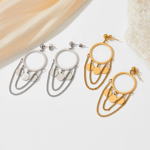 Boucles D'oreilles Créoles À Franges En Acier Inoxydable Avec Disque Rond Géométrique Chaînes À Glands Style Vintage