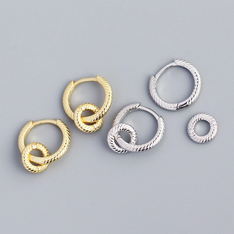925 Sterling Silver Interlocking Hoop Earrings Twisted Texture Retro Double Circle Zircon Dangle Earrings For Women