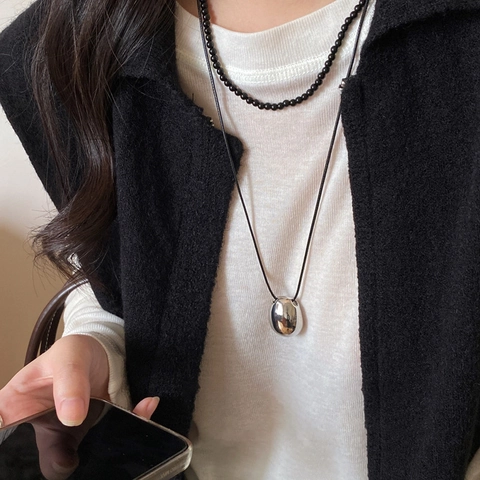 Irregular Oval Pendant Long Necklace Alloy Silver Black Leather Cord Beaded Chain Minimalist Style For Women