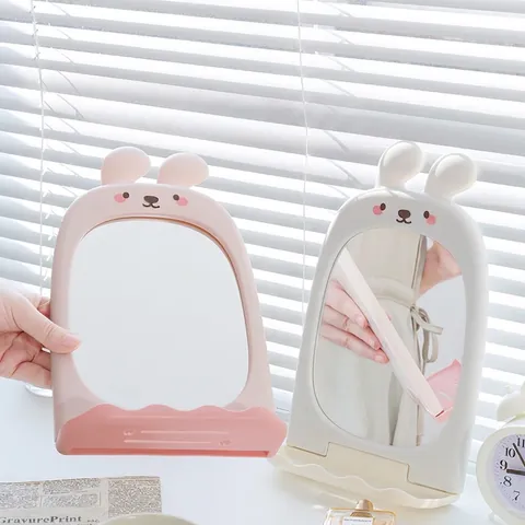 Miroir De Maquillage Mignon Oreille De Lapin Avec Plateau De Rangement Plastique PP Verre Mural Pliable Pour Filles