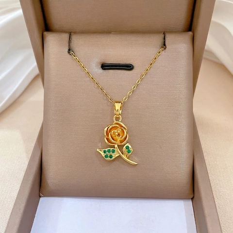 Collar Con Colgante De Flor De Rosa Con Hojas De Circón Verde Cadena De Acero Inoxidable Joyería Elegante Para Mujer