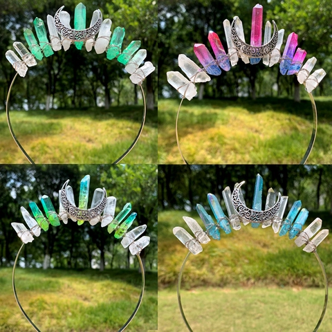 Cerchietto Corona con Luna in Cristallo Naturale Fatto a Mano Stile Boho Fascia per Capelli con Punte di Quarzo Copricapo Avvolto in Filo per Matrimonio Festa Donna